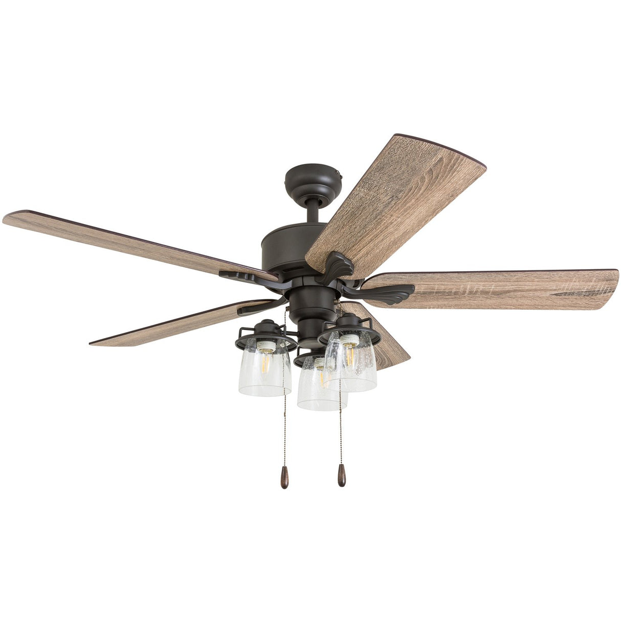 Prominence Home River Run, 52 Inch Farmhouse LED Ceiling Fan with Light, Pull Chain, Three Mounting Options, 5 Dual Finish Blades, Reversible Motor - 50566-01 (Bronze) Prominence Home
