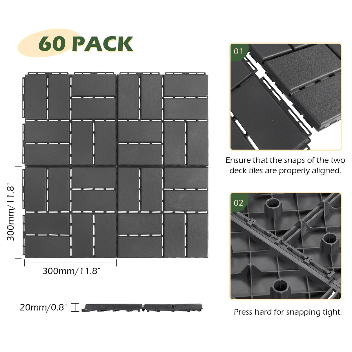 Dyna-Living 60 sq. ft Plastic Interlocking Deck Tiles, 12"x12" Indoor Outdoor Waterproof Patio Flooring All Weather Use Patio Deck Tiles for Balcony, Backyard, Garden & Poolside, 60 Pack,Dark Grey Dyna-Living