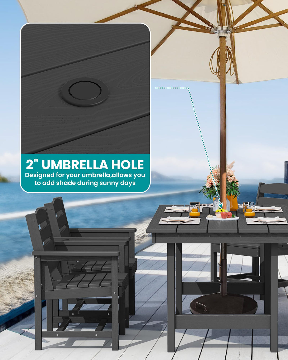 SERWALL 8-Piece Patio Dining Sets with 15FT Double Side Patio Umbrella, Outdoor HDPE Dining Furniture Set with Umbrella Hole Cut-Out Table and 6 Chairs, Black(Umbreall Base not Included) SERWALL