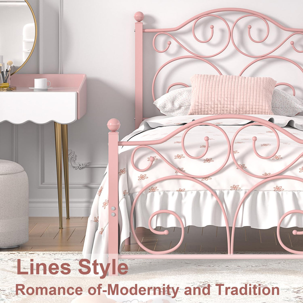 VECELO Twin Size Bed Frame with Headboard and Footboard, Heavy Duty Metal Slat Support, Platform Mattress Foundation, No Box Spring Needed, Easy Assembly, Light Pink VECELO