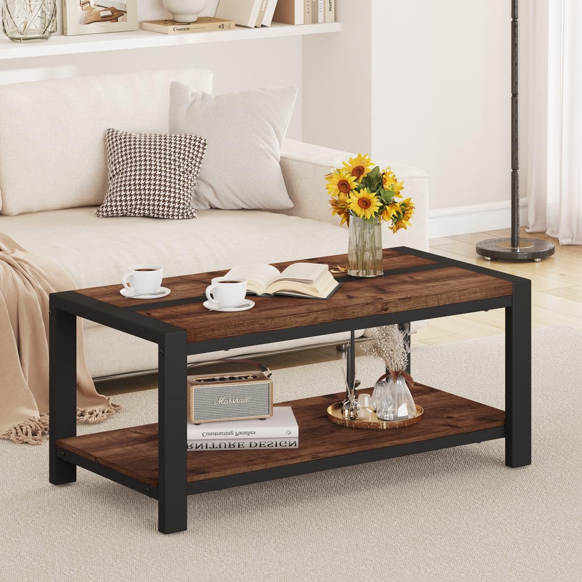 BON AUGURE Coffee Table for Living Room, Industrial Wood and Metal Living Room Tables, Farmhouse Rectangular Center Table (Rustic Oak, 43 Inch) BON AUGURE