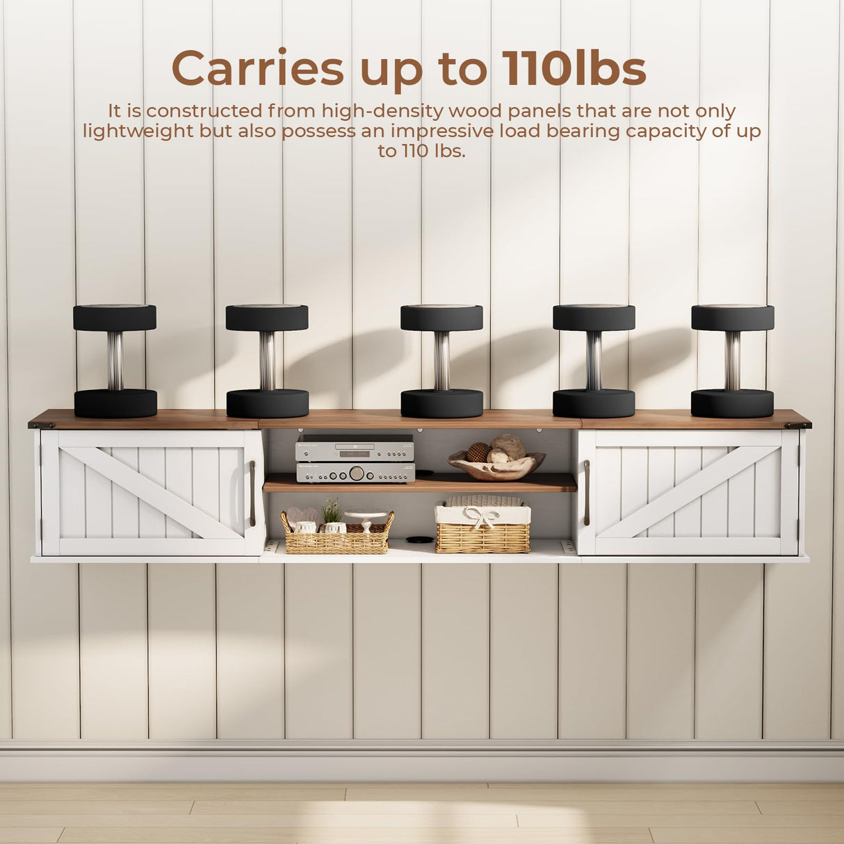 Floating TV Stand with Doors, 63'' Farmhouse Floating TV Shelf for TVs up to 80 Inch, 2 Tier Wall Mounted TV Stand, Floating Entertainment Center, TV Floating Cabinet for Living Room, Bedroom, White ALLSTAND