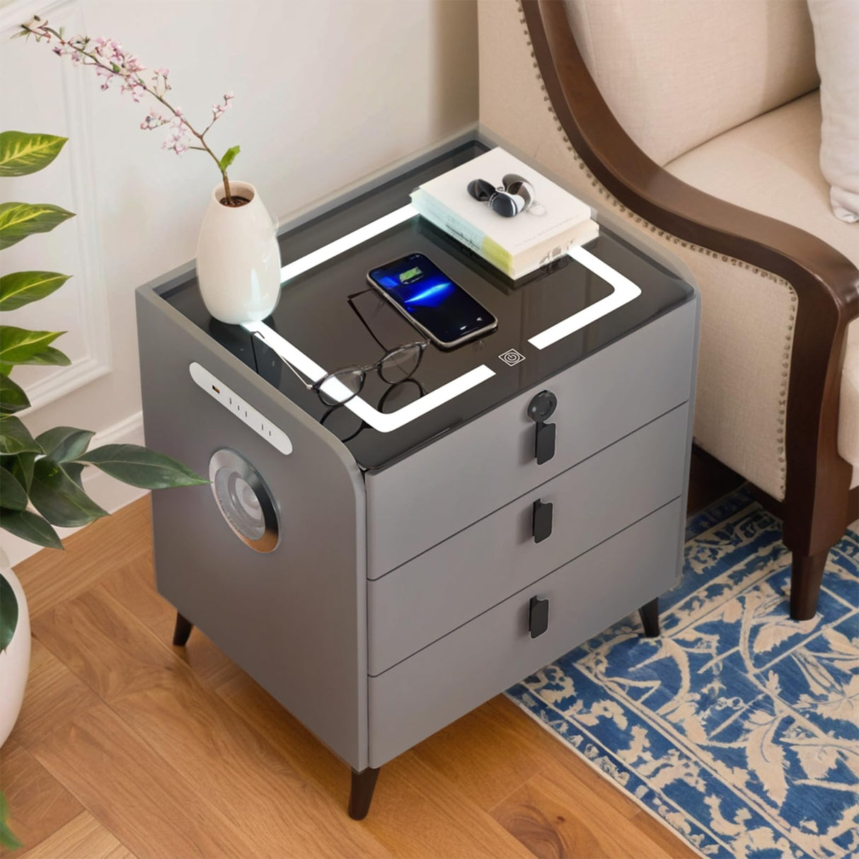 QHRAY Smart Nightstand with Fingerprint Lock Drawer, Nightstand with Wireless Charging, Night Stand with Charging Station,2 USB, LED Lights Bluetooth Speaker Side Table for Bedroom/Living Room QHRAY