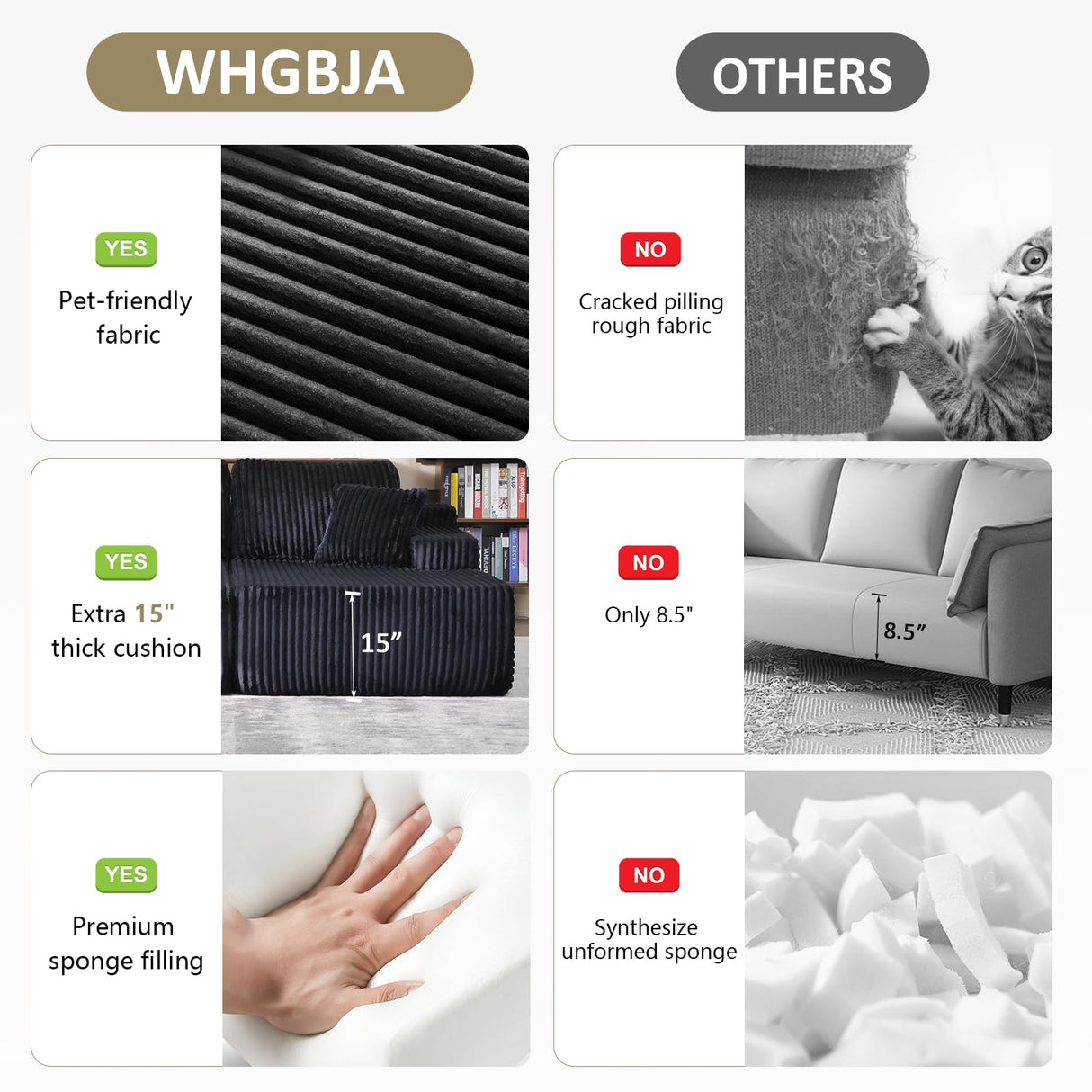 Oversized 79” Double Chaise Lounge Sofa Bed, Deep Seat Corduroy Cloud Loveseat Chair, No Assembly, Plush Upholstered Sleeper for Living Room or Bedroom (Black) WHGBJA