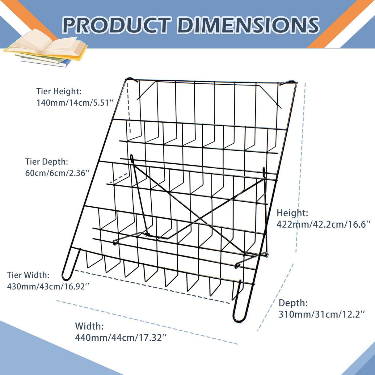 NEESEEYEE Wire Magazine Rack with 4 Open Tiers Book Signing Rack Tabletop Display Stand Holds Both Magazines and Brochures Display Rack Wire - Black NEESEEYEE