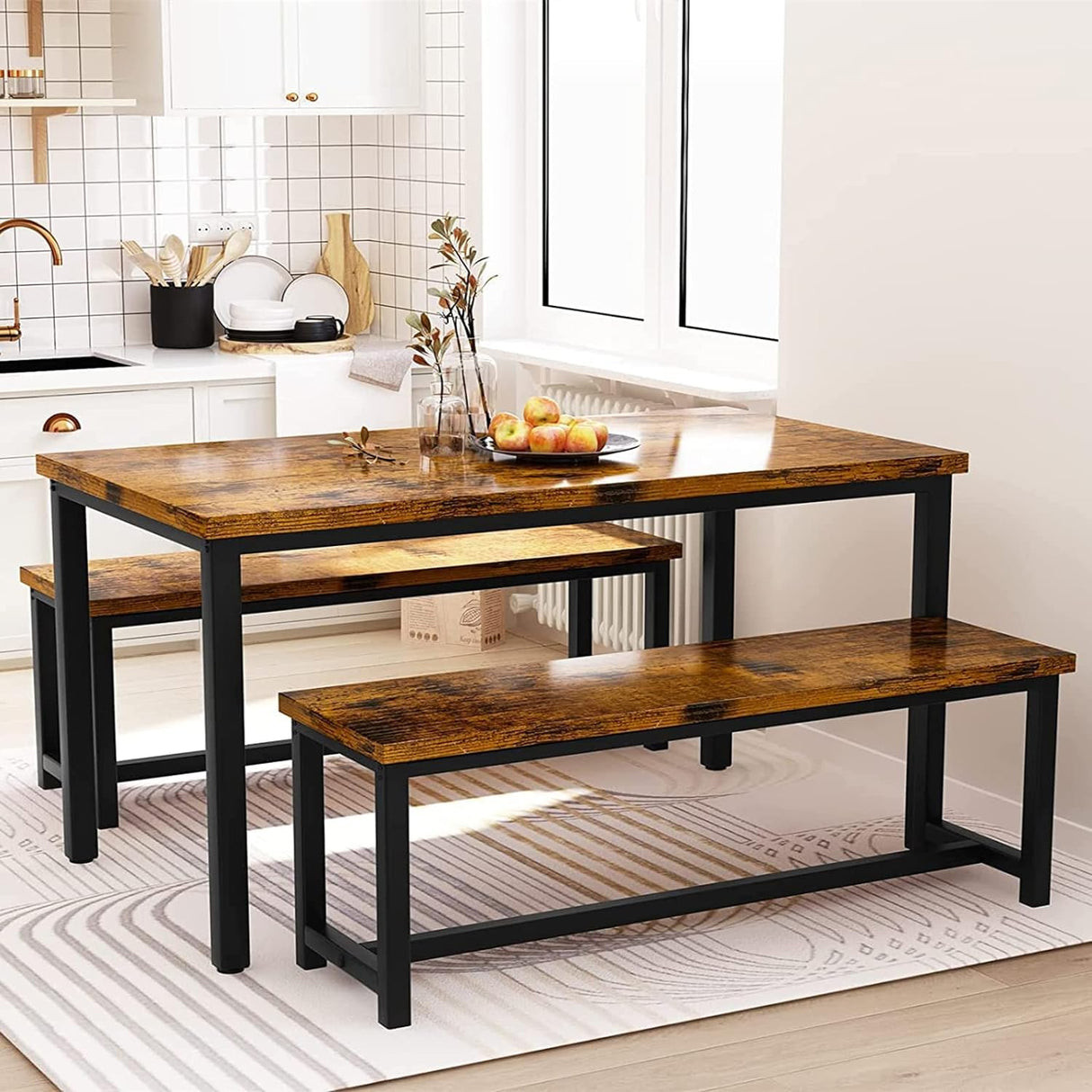 Recaceik Dining Table Set for 4, Kitchen Table Set with 2 Benches, 3 Piece Dining Room Table Set, Modern Wood Kitchen Table and Chairs for Small Spaces, Kitchen,Dining Room, Restaurant, Rustic Brown Recaceik