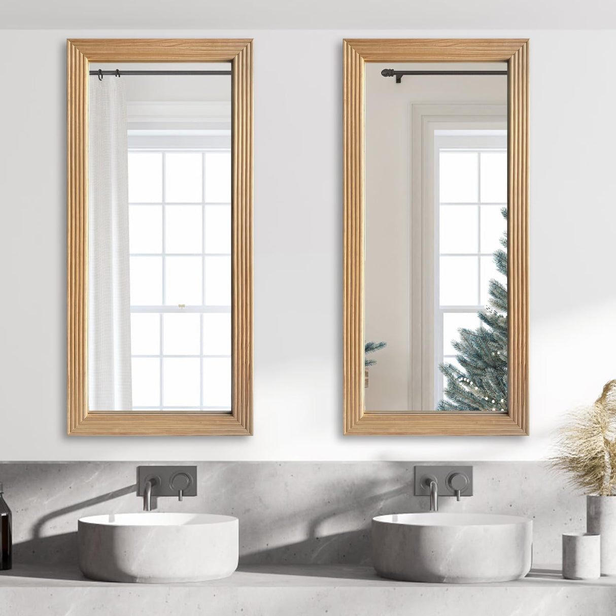 DAOYIJIAJU Large Wooden Framed Wall Mirror, Rustic Natural Wood Hanging Mirror, Farmhouse Wall Mirror for Bathroom Vanity Bedroom Living Room, Vertical or Horizontal Hanging, 47" x 22" DAOYIJIAJU