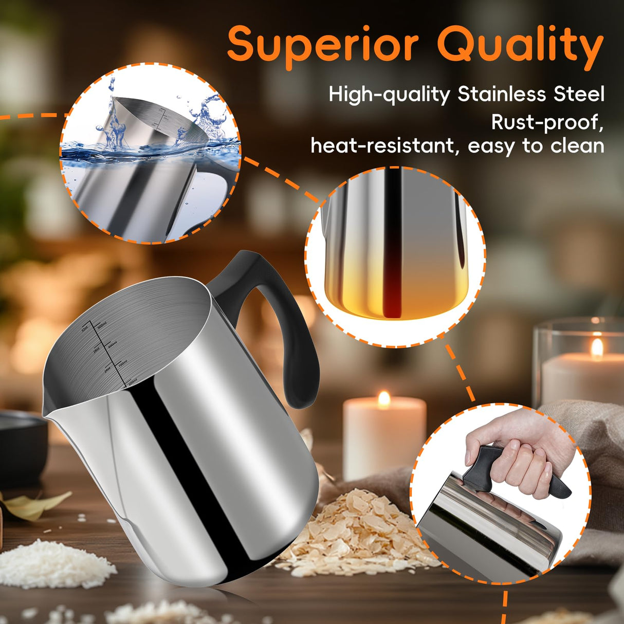 CasaCulina Candle Making Pouring Pot, 32oz Stainless Steel Wax Melting Pot with Heat-Resistant Handle, Double Boiler Candle Making Pitcher with Dripless Pouring Spout Design CasaCulina