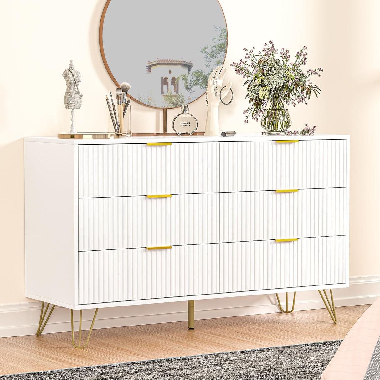 FURNIWAY White Dresser, Modern 6-Drawer Dresser for Bedroom with Gold Handles, Wide Chest of Drawers for Living Room FURNIWAY
