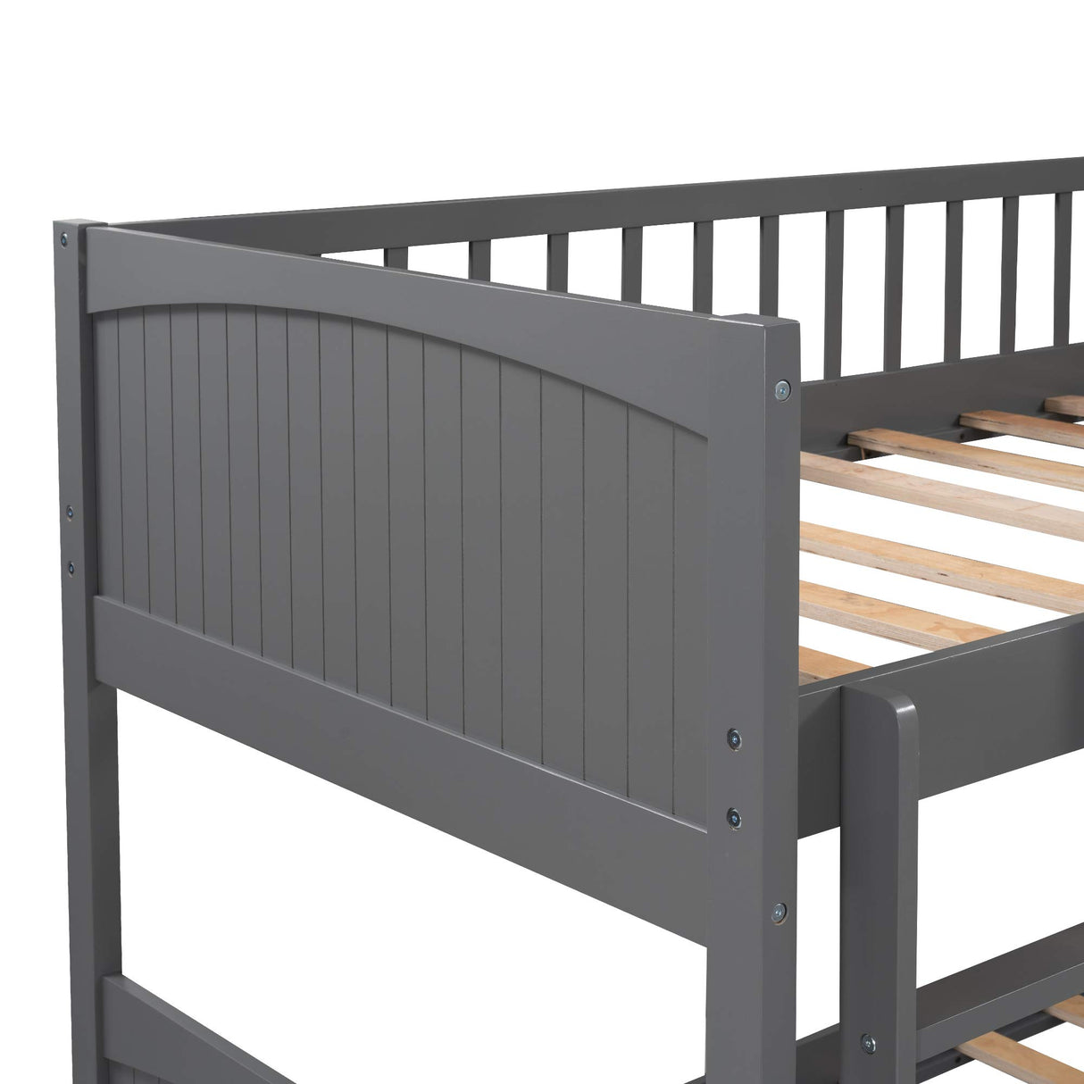 Merax Wooden Triple Bunk Bed with Loft Bed Attached, L-Shaped Bunk Bed for 3 Kids Teens Adults, Twin & Twin Over Twin Bunk Bed with Built-in Ladder, High Guardrail & Slats, No Box Spring Needed, Gray Merax