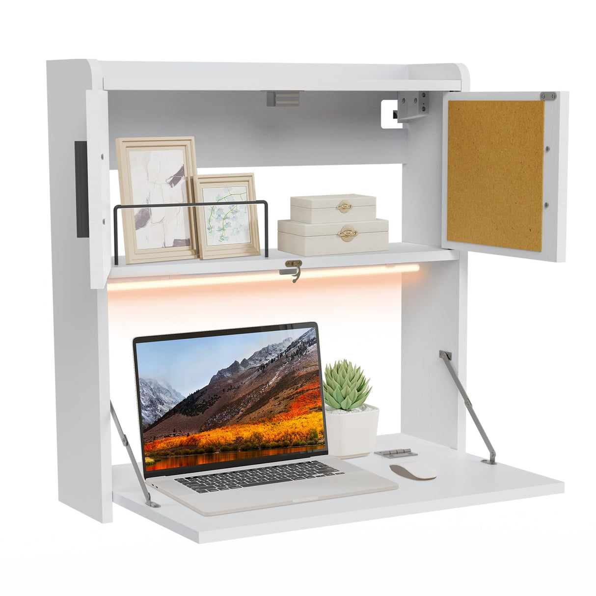 ARTETHYS Wall Mounted Desk with LED Light Multifunctional Fold Down Laptop Computer Table Writing Workstation with Storage Compartments Space Saving for Home Office ARTETHYS