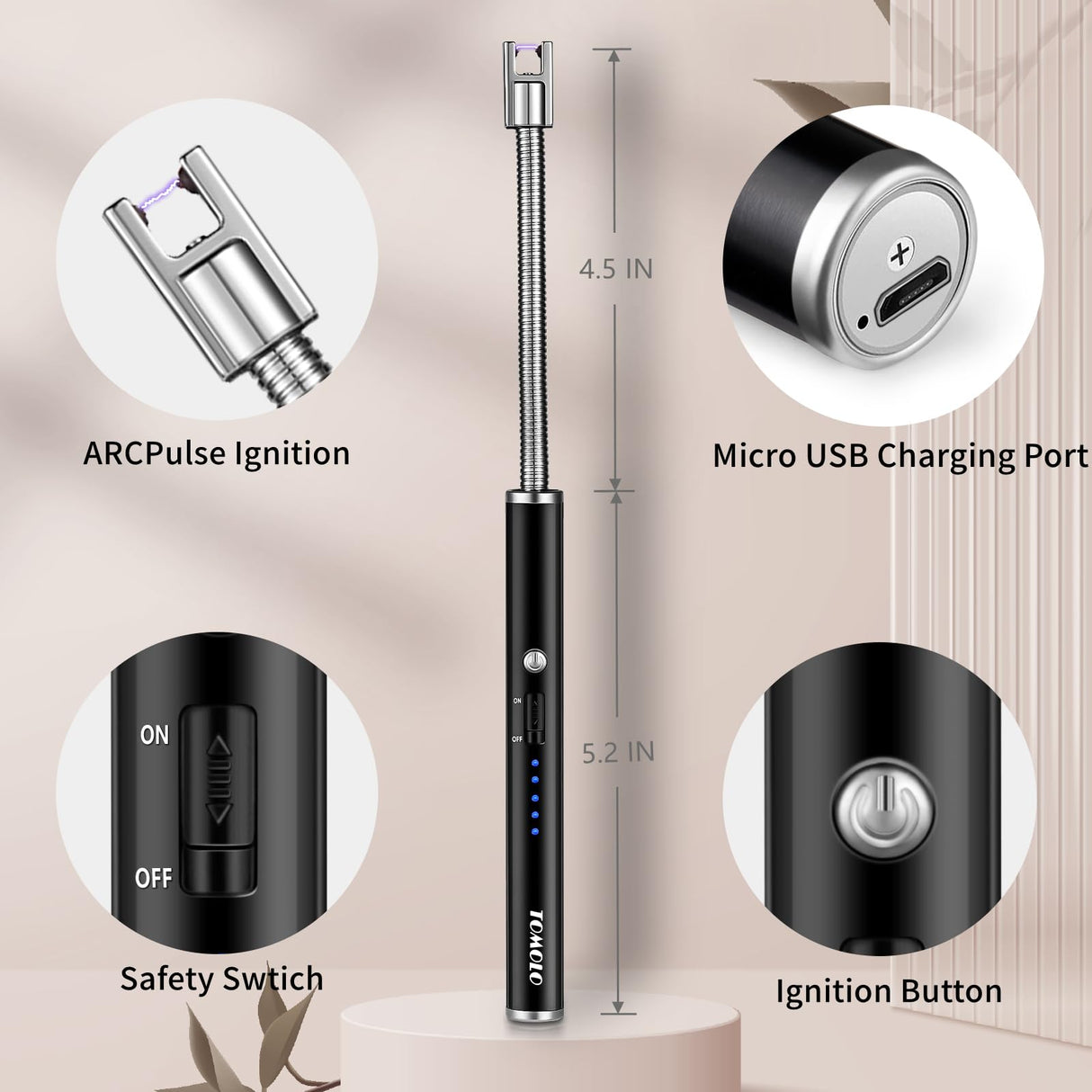 TOMOLO Electric Lighter Candle Lighter Rechargeable Grill Lighter Arc Lighter with Flexible Neck, Battery Display Safety Switch for Candle Camping Cooking BBQs Fireworks (Black&Silver) TOMOLO