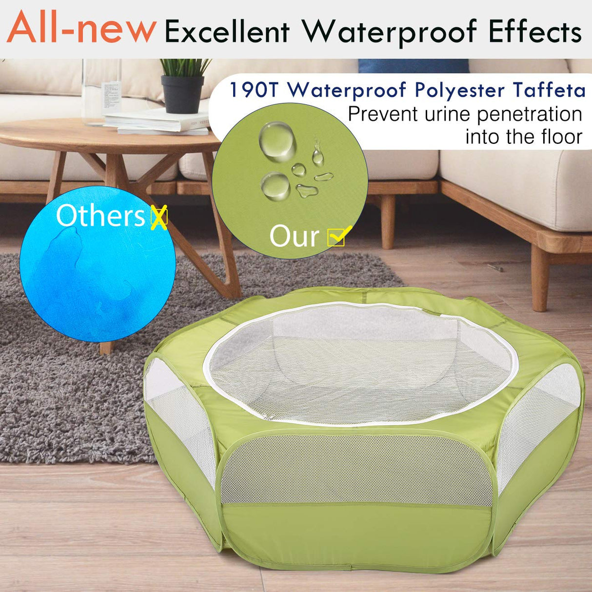 Pawaboo Small Animals Playpen, Waterproof Small Pet Cage Tent with Zippered Cover, Portable Outdoor Yard Fence with 3 Metal Rod for Chick/Kitten/Puppy/Guinea Pig/Rabbits/Hamster/Chinchillas,Green Pawaboo