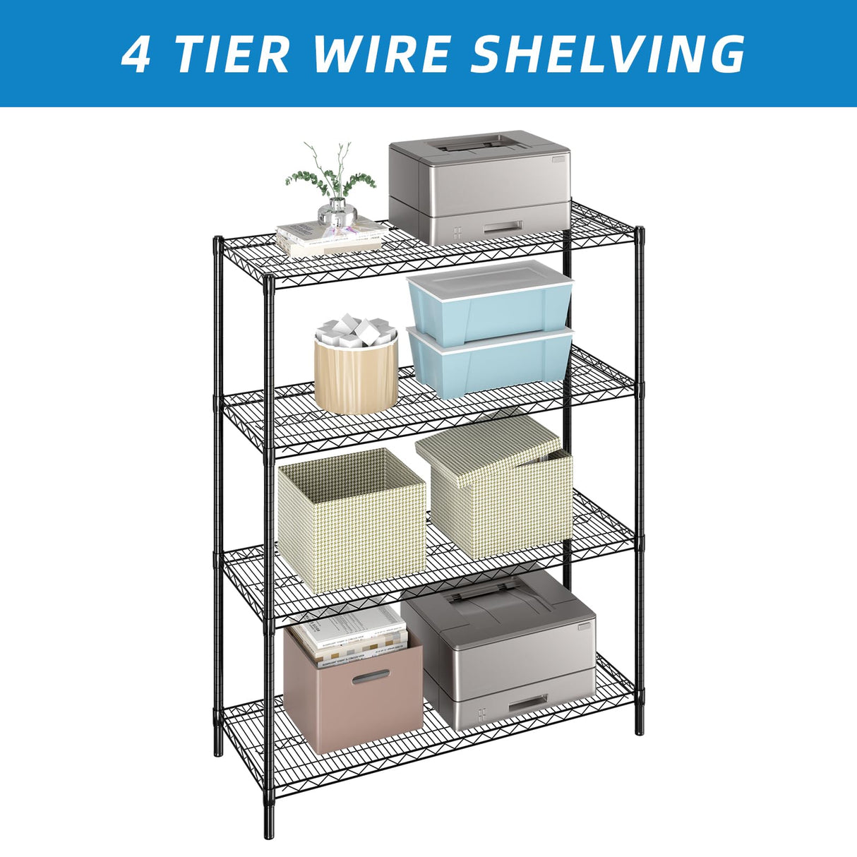 Guan River 4-Shelf Adjustable Metal Shelf Wire Shelving Unit Heavy Duty Storage Rack Display Shelf for Office,Kitchen,Bedroom,Bathroom,Laundry,Pantry Basement,Garage(Black,48" L x 18" W x 62" H) Guan River