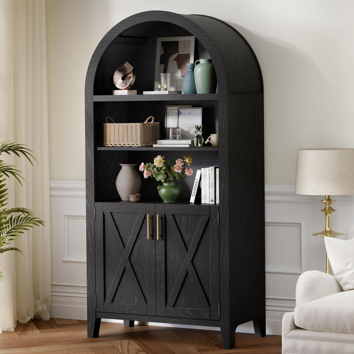 infurnic 63“ Arched Storage Cabinet with Beech Wood Door, 5-Tier Arched Bookcase, Farmhouse Kitchen Pantry with Storage – Perfect for Dining Room, Living Room, Kitchen, or Home Office infurnic