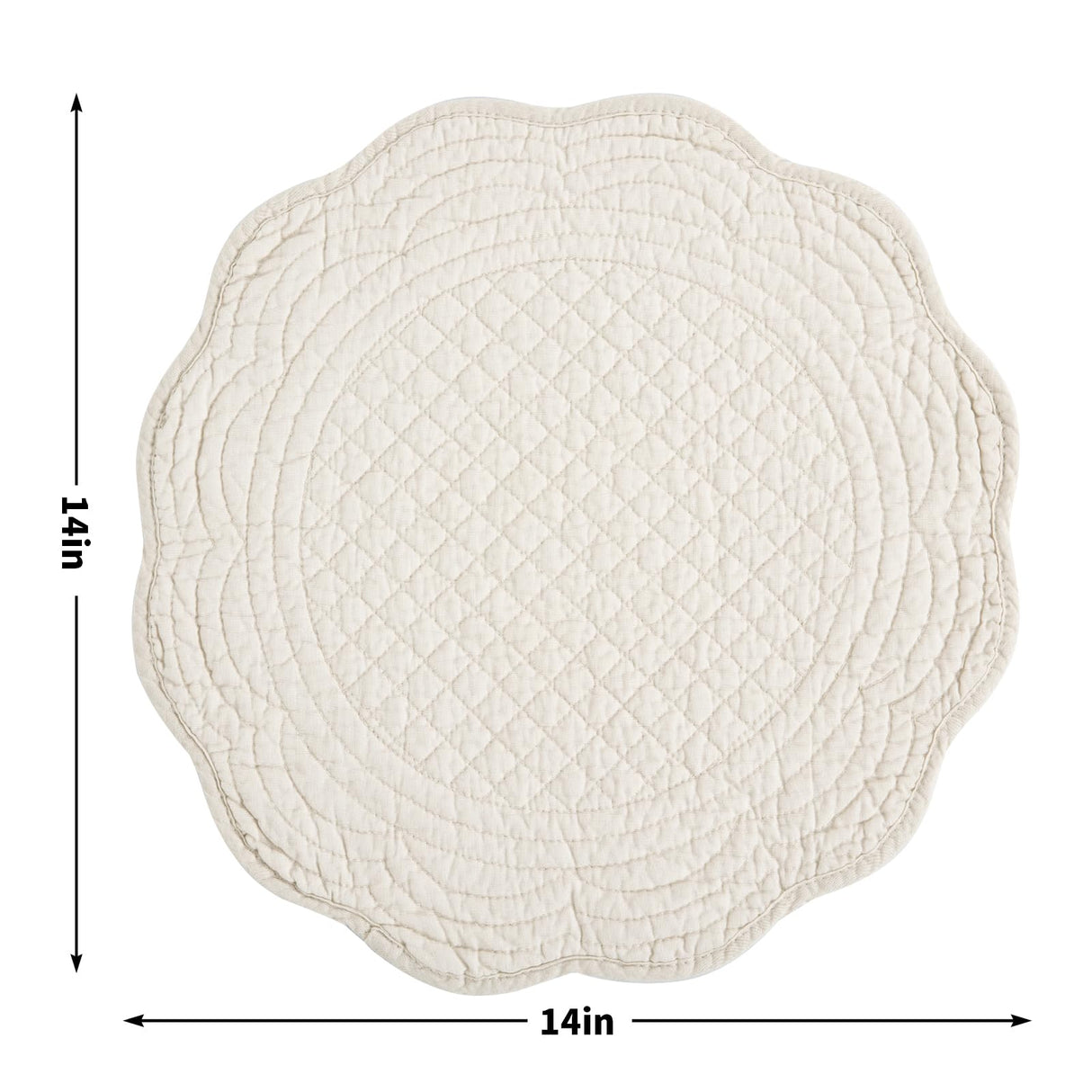 BALAPET Quilted Placemats Set of 6, 100% Cotton 14" Table Mats Farmhouse Style, Reversible Round Tabletop with Scalloped Edges for Kitchen Dinner Party Holidays, Natural, Machine Washable BALAPET