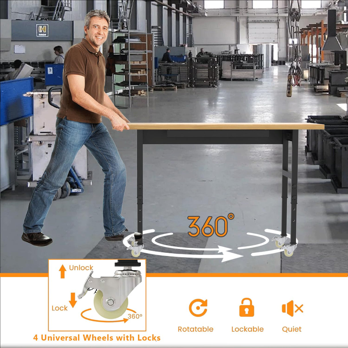 60" Heavy-Duty Adjustable Workbench, Rubber Wood Garage Workbench with Drawers, 2500 LBS Load Capacity Work Bench with Power Outlets and Wheels for Garage, Workshop, Office, Home Xalvora