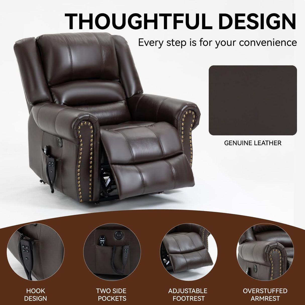 Dual Motor Power Lift Chair, Lay Flat Recliner Chair, Electric Recliner with Massage and Heat for Elderly, Remote Control, Infinite Position, Standing Assistance, USB Ports, Genuine Leather, Brown Trustyue