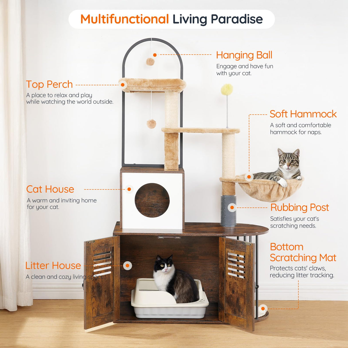 HOOBRO Cat Tree with Litter Box Enclosure, All-in-One 31.5" Cat Tower with Hidden Litter Box Cover Furniture for Indoor Cats, Versatile Cat Condo with Sisal Posts, Hammock, Rustic Brown FG45MZ03 HOOBRO