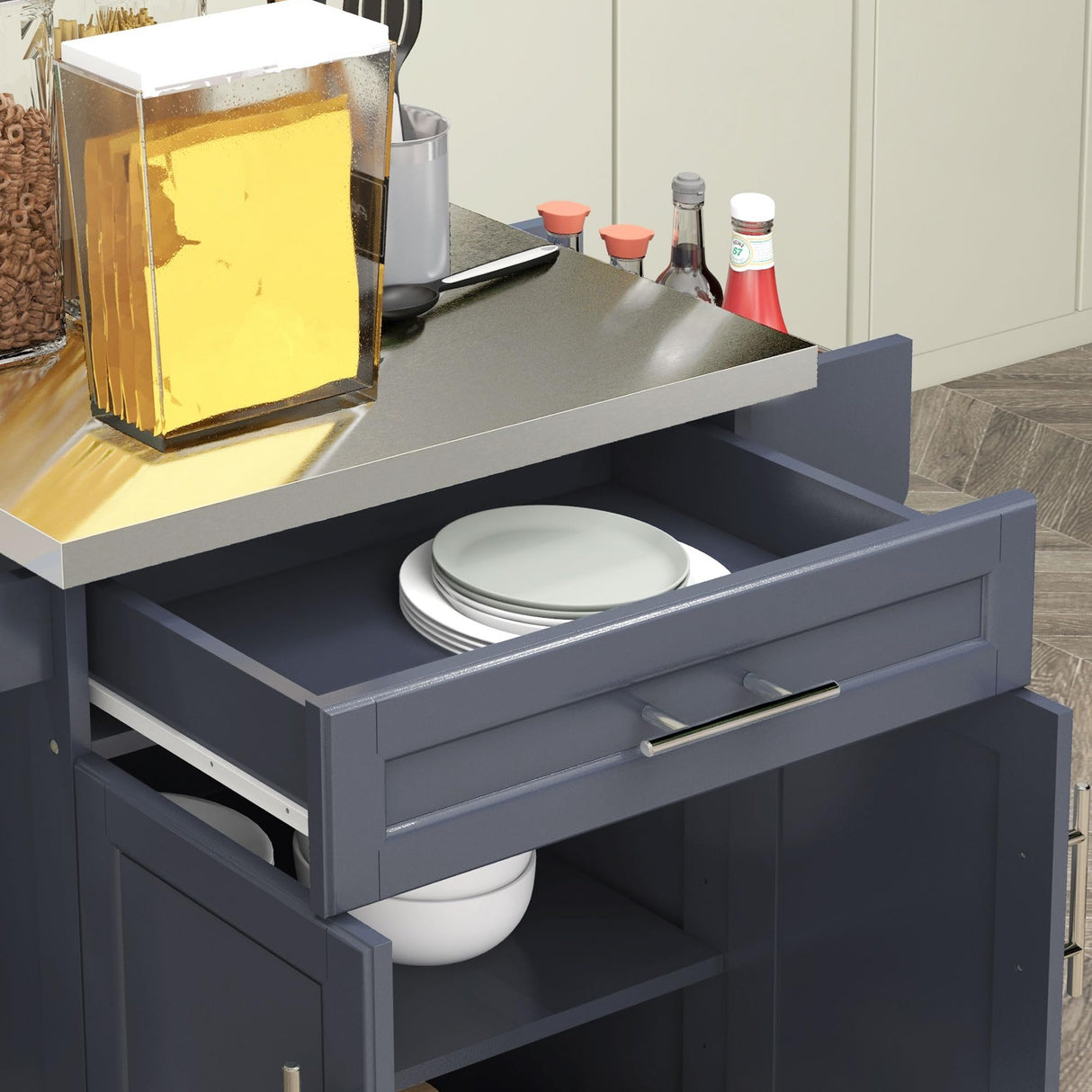 HOMCOM Kitchen Island on Wheels, Rolling Kitchen Cart with Stainless Steel Countertop, Drawer, Towel Rack and Spice Rack, Utility Storage Trolley, Deep Blue HOMCOM