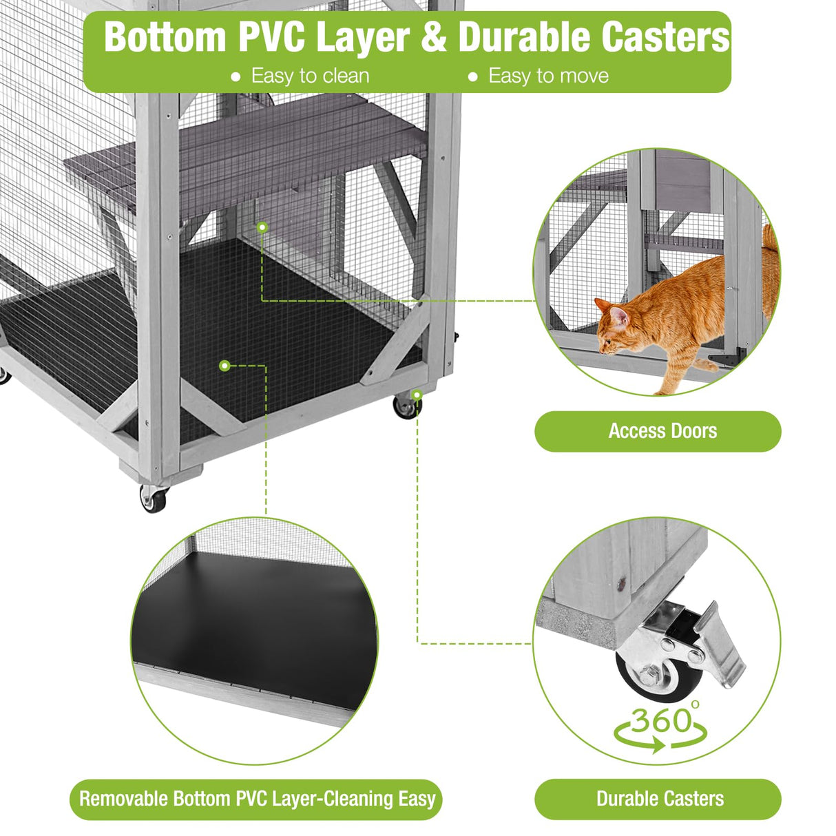 GUTINNEEN Catio Outdoor Cat Enclosure on Wheels - Outside Kitty House with Upgraded Resting Box, PVC Layer, and Waterproof Roof - 62.5" GUTINNEEN