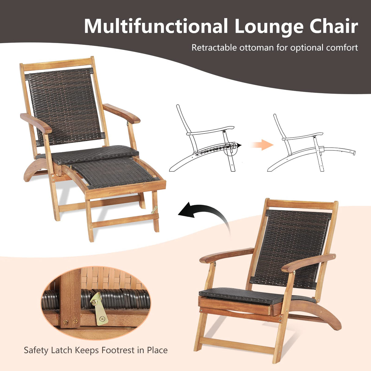 HAPPYGRILL Lounge Chair Table Set Outdoor Acacia Wood Lounge Chair with Wicker Side Table Folding Chaise Lounge with Retractable Ottoman for Garden Balcony Poolside HAPPYGRILL