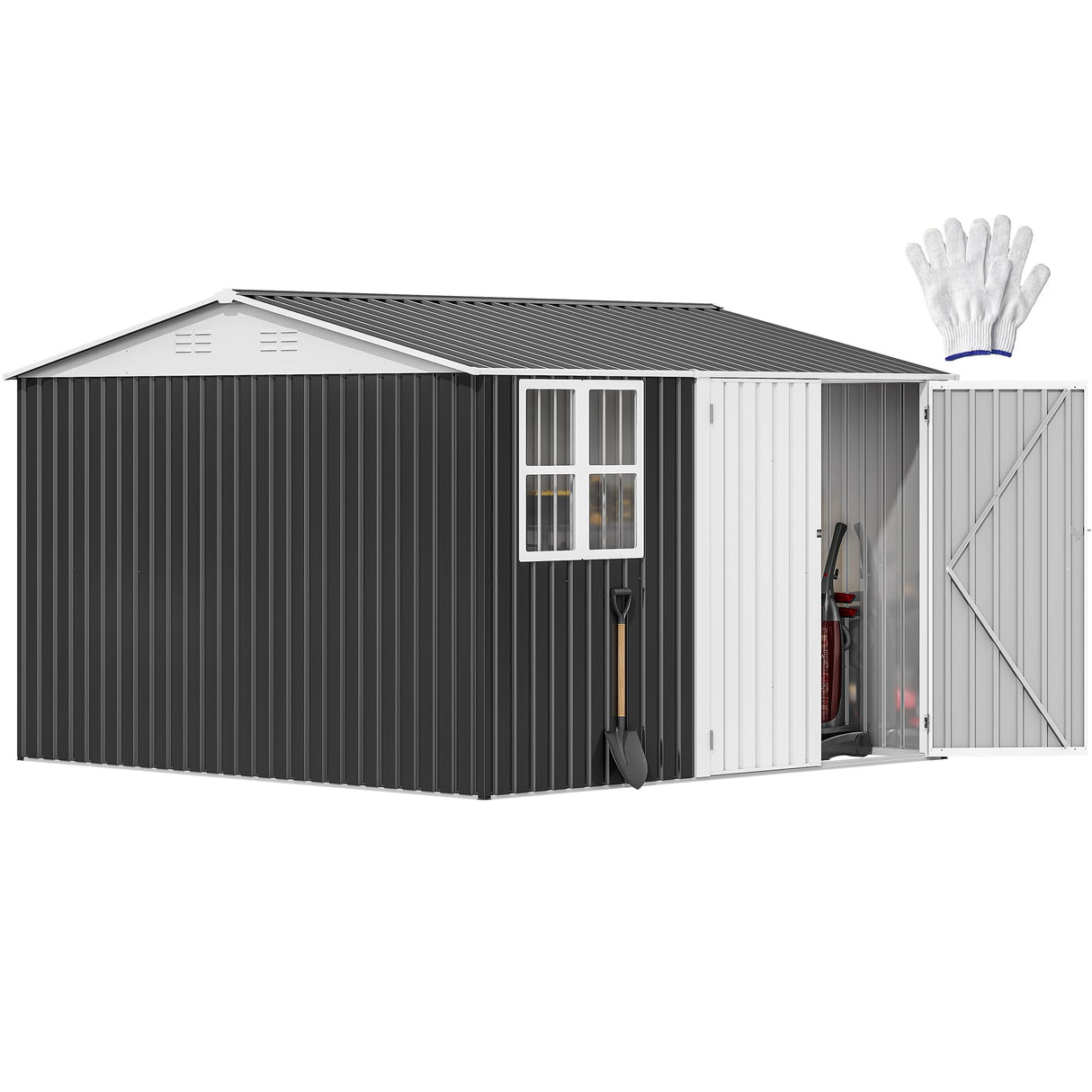 DWVO 10' x 10' Outdoor Storage Shed, Waterproof Metal Garden Shed with Windows, Lockable Doors, and Sloped Roof for Patio, Backyard, Lawn, Tool Storage, Bike Shed, Pet Shelter (Gray + White) DWVO