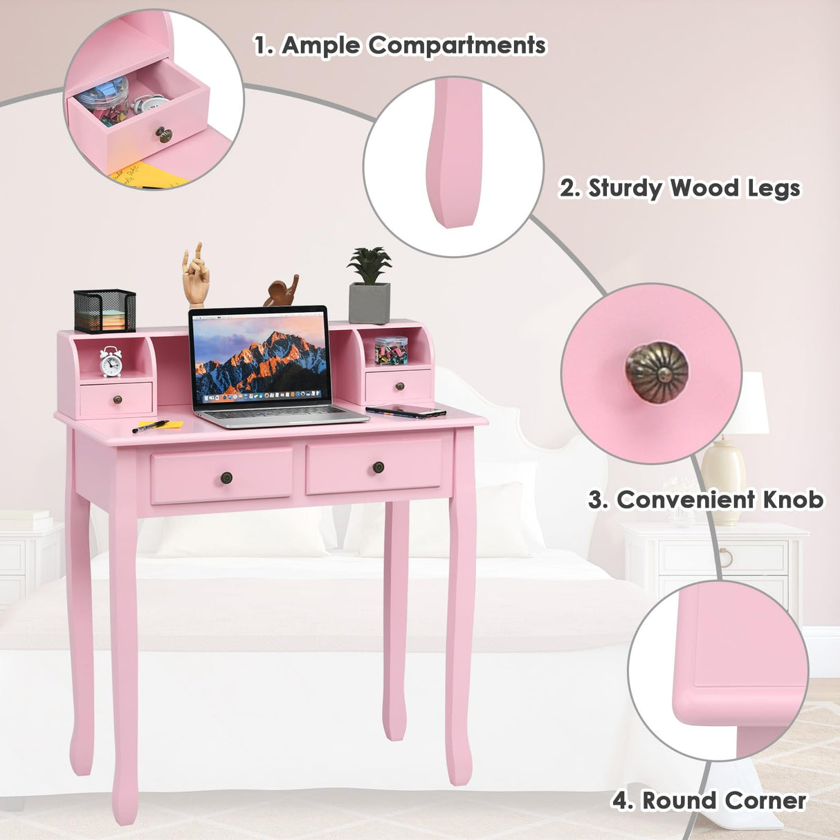 Byroce Small Writing Desk with Removable Hutch, 2-Tier Vanity Table with 4 Drawers, 3 Cubbies & Pine Wood Legs, Study Computer Desk for Bedroom Home Office (Pink) WoodArtSupply