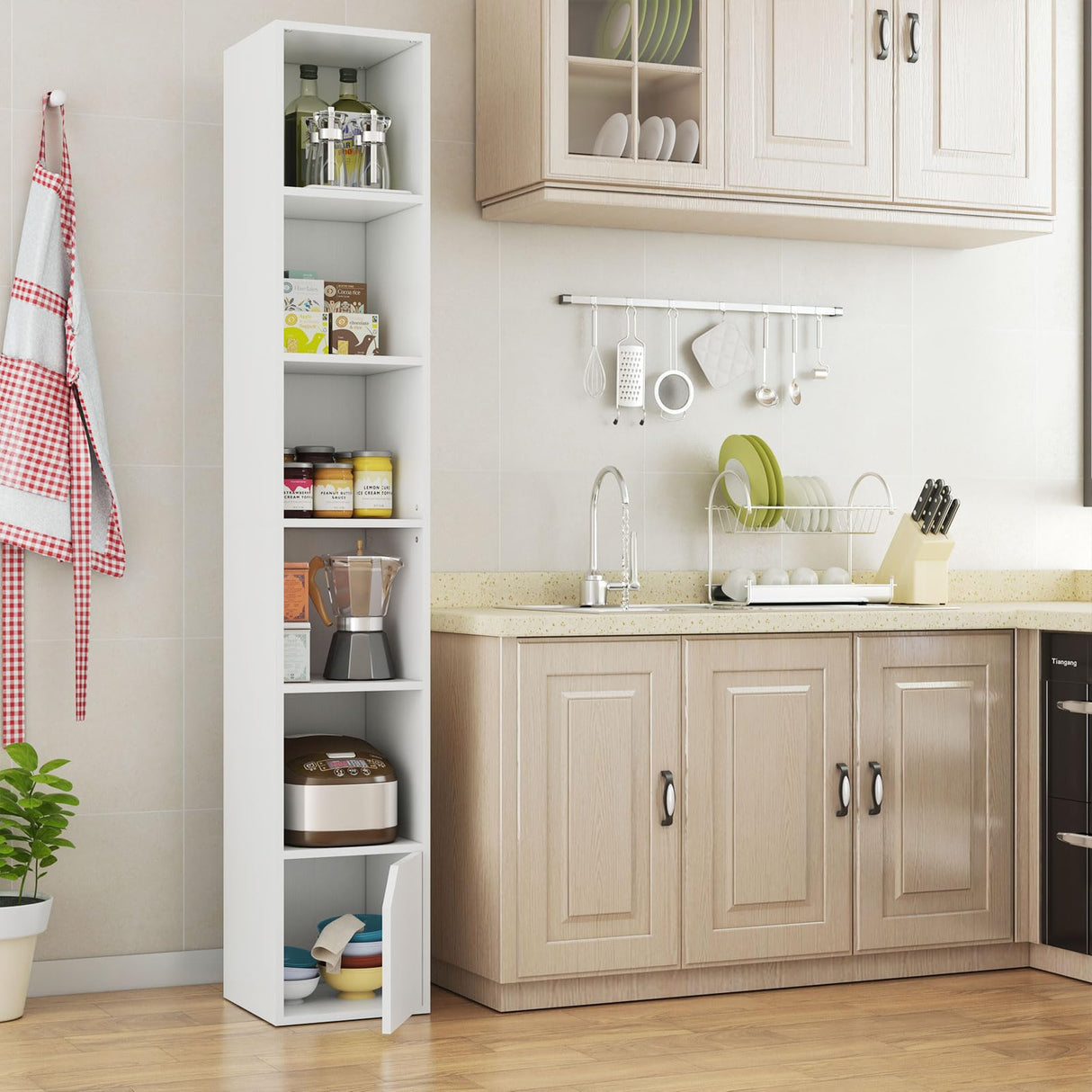 IBUYKE 6 Tier Narrow Bookcase with Doors, Cube CD DVD Storage Cabinet,Slim Media Tower Rack,Cabinet,White Bookcase Display Storage Shelves for Small Spaces,for Home Office White UWBC001W IBUYKE