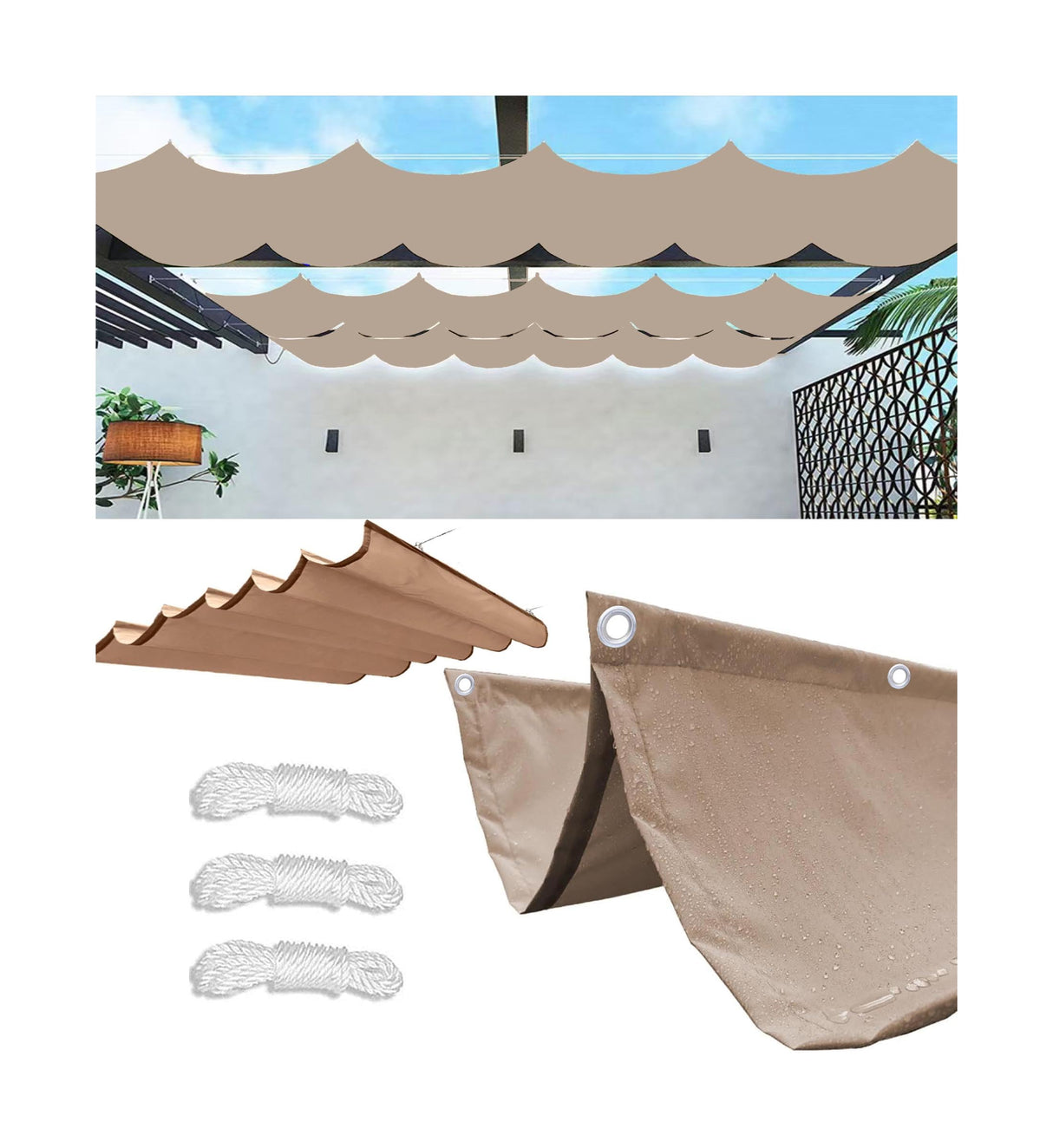 Retractable Sun Shade Sail 4' x 10' Waterproof Wave Pergola Shade Cover Polyester Sunscreen Awning Canopy Wind Protection for Outdoor Patio Yard Terrace Carport Khaki Woace