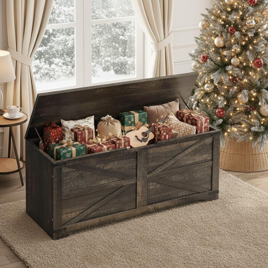 DWVO Storage Bench, Farmhouse Storage Chest with 2 Safety Hinges, 39.4" Retro Wooden Storage Organizer, Shoe Bench for Entryway, Bedroom, Living Room, Dark Rustic Oak DWVO