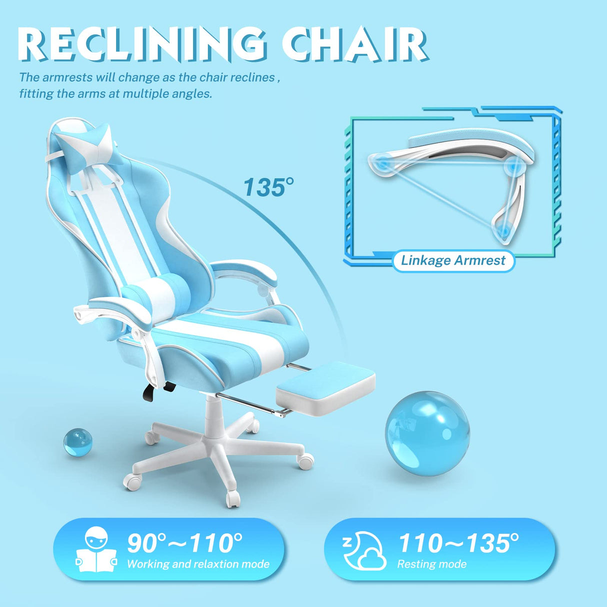 Ferghana Kawaii Light Blue Gaming Chair with Bunny Ears, Ergonomic Cute Gamer Chair with Footrest and Massage, Racing Reclining Leather Computer Game Chair 250lbs for Girls Adults Teens Kids Ferghana