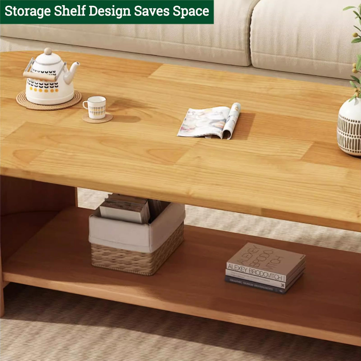 Farmhouse Coffee Table for Living Room,Solid Wood Coffee Table with Storage Shelf,Rectangle Center Table Oak Wooden Living Room Table Accent Cocktail End Table(39" W, White A) topjia