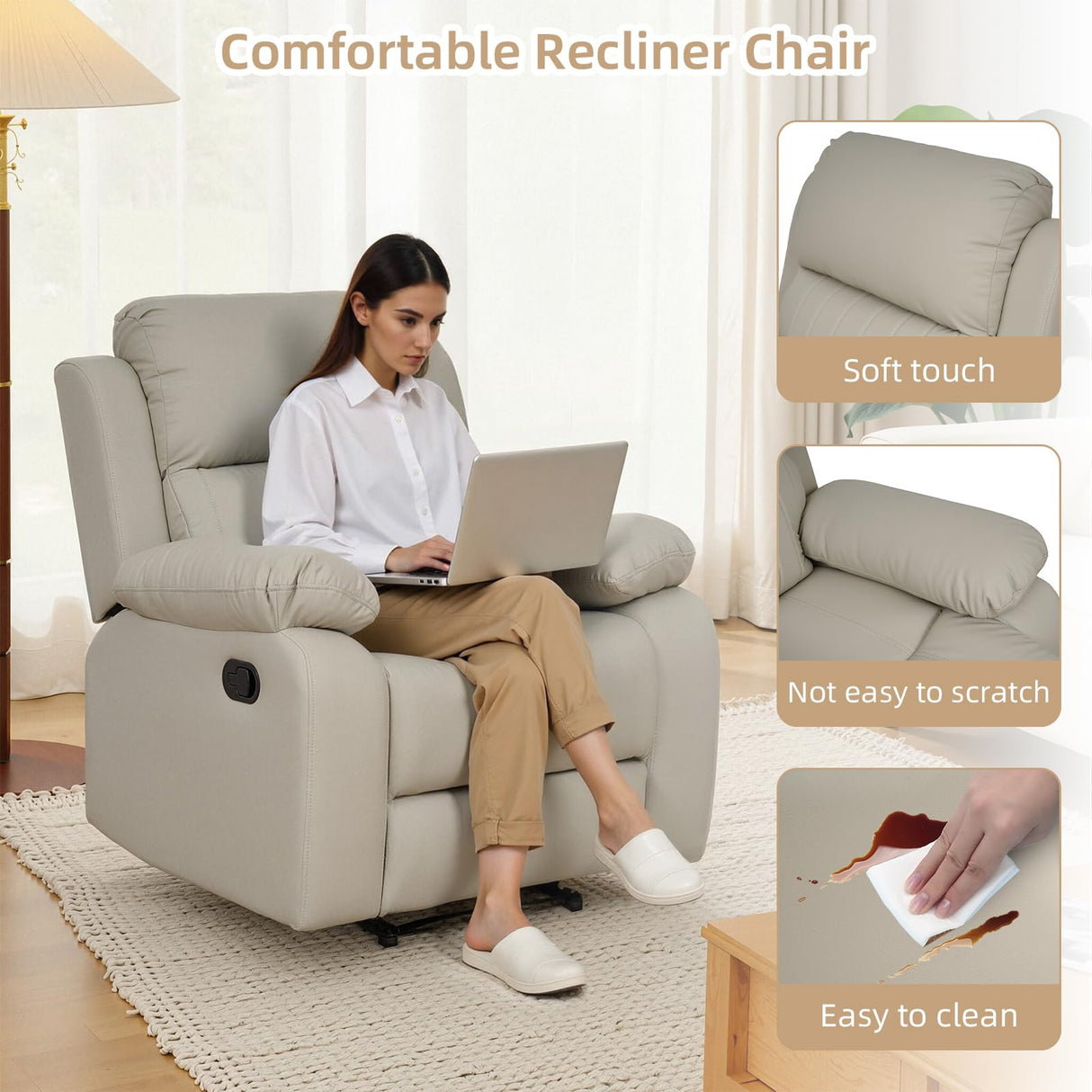Zevemomo Recliner Chair, Scratch-Resistant Leather Recliner Chairs for Adults, Classic and Traditional Manual Recliner Chair for Small Spaces, Recliner Chairs for Living Room, Beige Zevemomo