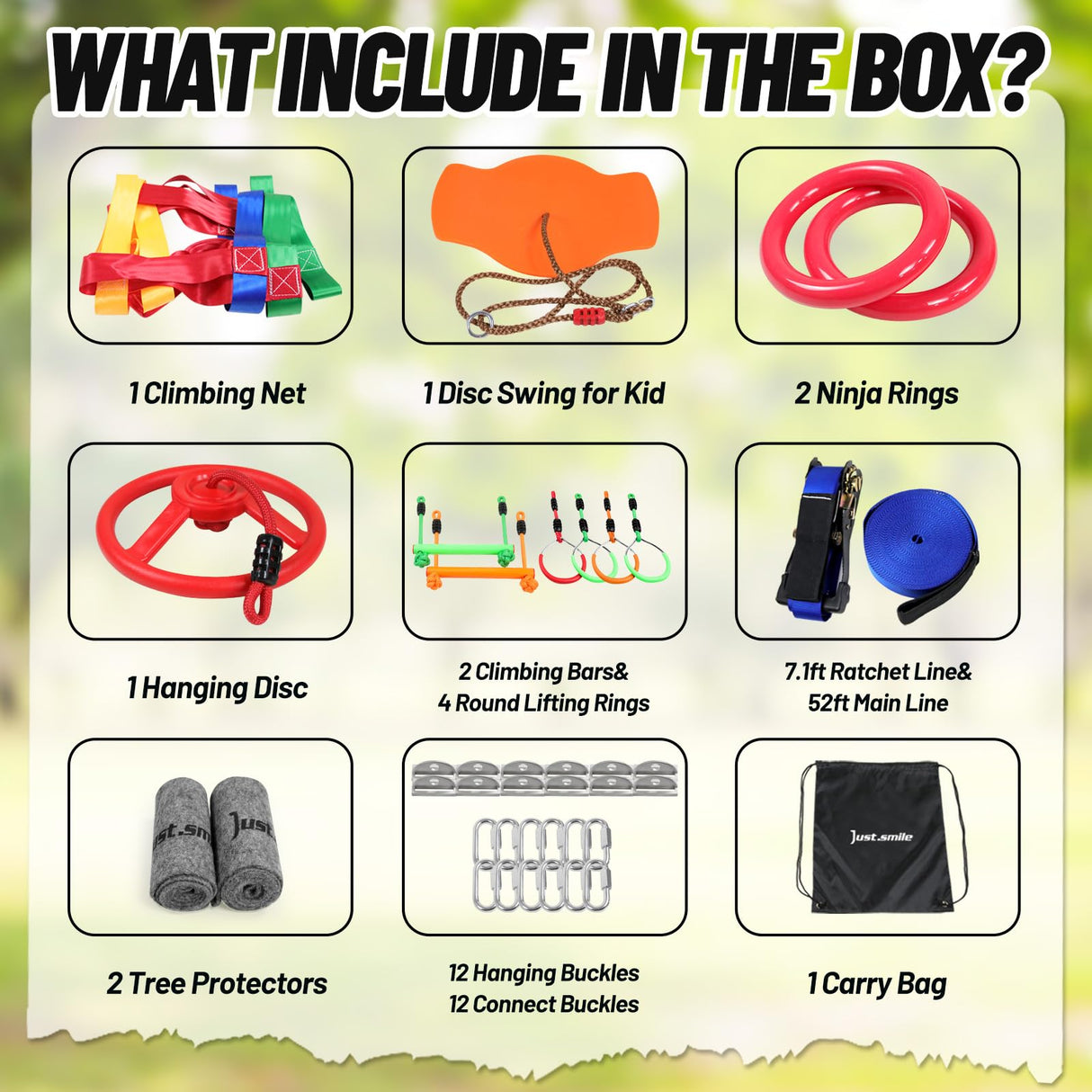 Ninja Warrior Obstacle Course for Kids Outside-Ninja Slackline 52ft with 11 Durable Obstacles-Climbing Net,Wheel, Warrior Gymnastics & Monkey Bars,Slack Lines for Backyard for Kids. Just.smile