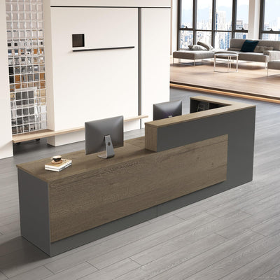 Nuipesn Modern L Shape Reception Desk with Counter – Front Desk Reception Counter with Drawers, Keyboard Tray & Shelves for Office, Salon, Retail, Lobby (Tobacco wood+Iron Gray/Left, 63"L*24"W*41"H)