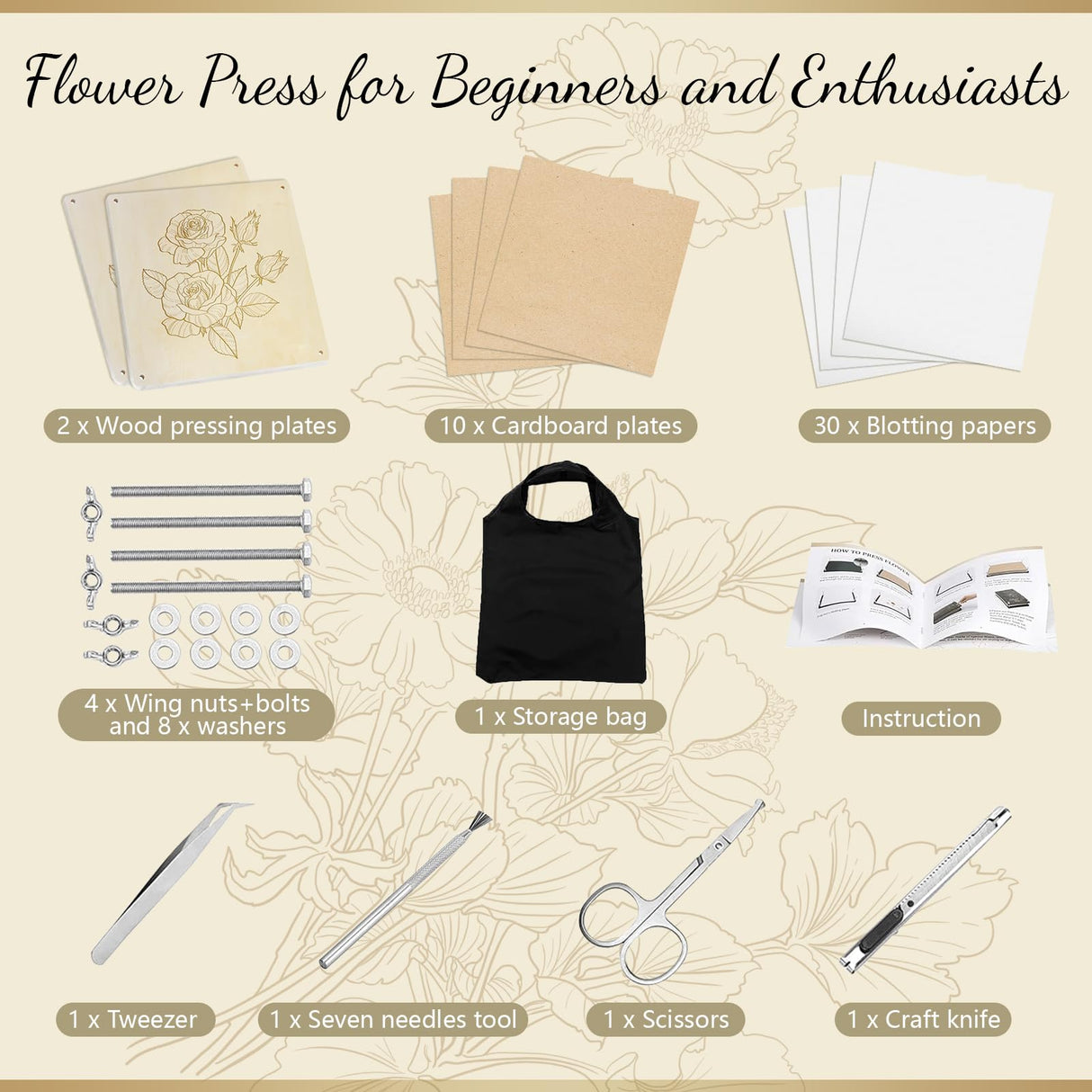 GTQYYF Large Flower Press Kit 10.8 x10.8 inches with Storage Bag,Solid Wood Flower Press Kit - DIY Arts and Craft Kit 10 -Layers, Ideal Gift for Flower & Plant Lovers GTQYYF