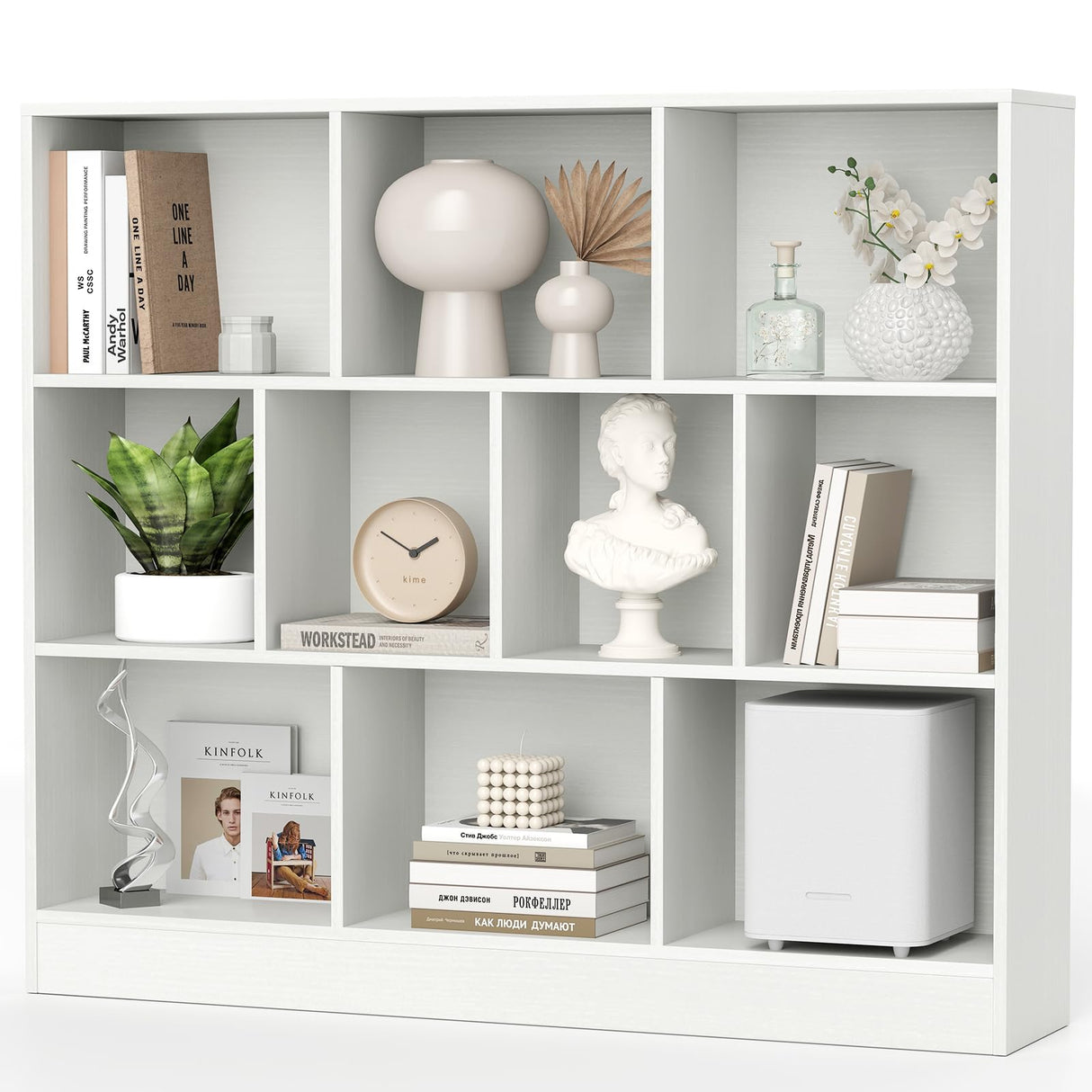 SILKYDRY 10 Cube Storage Organizer, 4 Tier Open Bookcase, Modern Bookshelves and Bookcases, 41" Floor Standing Wooden Display Bookshelf for Living Room Bedroom Office (White) SILKYDRY