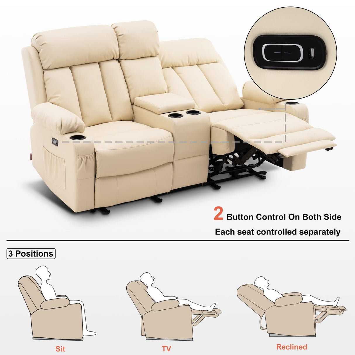 MCombo Power Loveseat Recliner with Console, Heat and Vibration Massage, Reclining Loveseat Sofa with USB Ports, Cup Holders for Living Room, Faux Leather 6095 (Cream White) MCombo