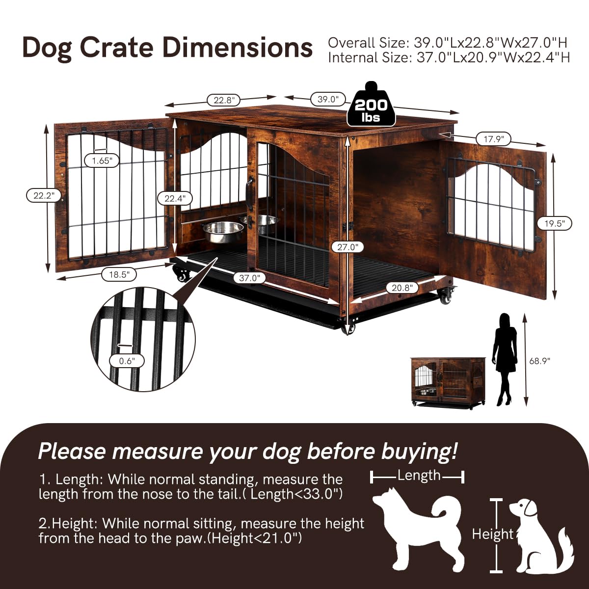 Snowtaros Dog Crate Furniture, Wooden Dog Kennel with 360° Rotatable Bowls, Heavy Duty Dog Crate with Double Doors, Dog Cage End Table Indoor with Removable Tray Swiveling Wheels for Small Medium Dogs Snowtaros