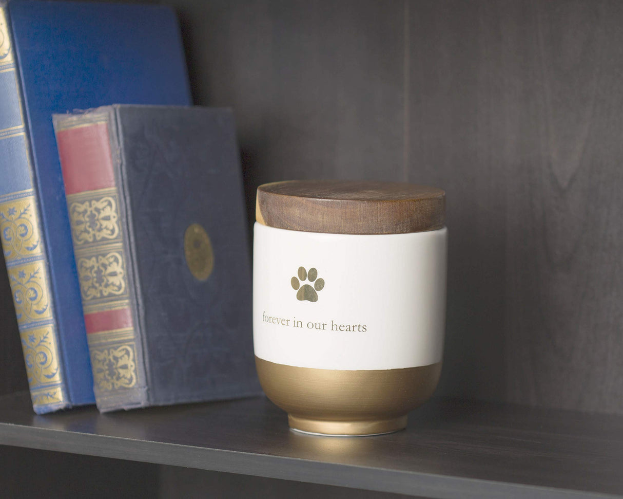 Pearhead Pet Ceramic Forever in Our Hearts Urn, Pet Memorial, Dog Or Cat Keepsake Urn, Rainbow Bridge, Gold Pearhead