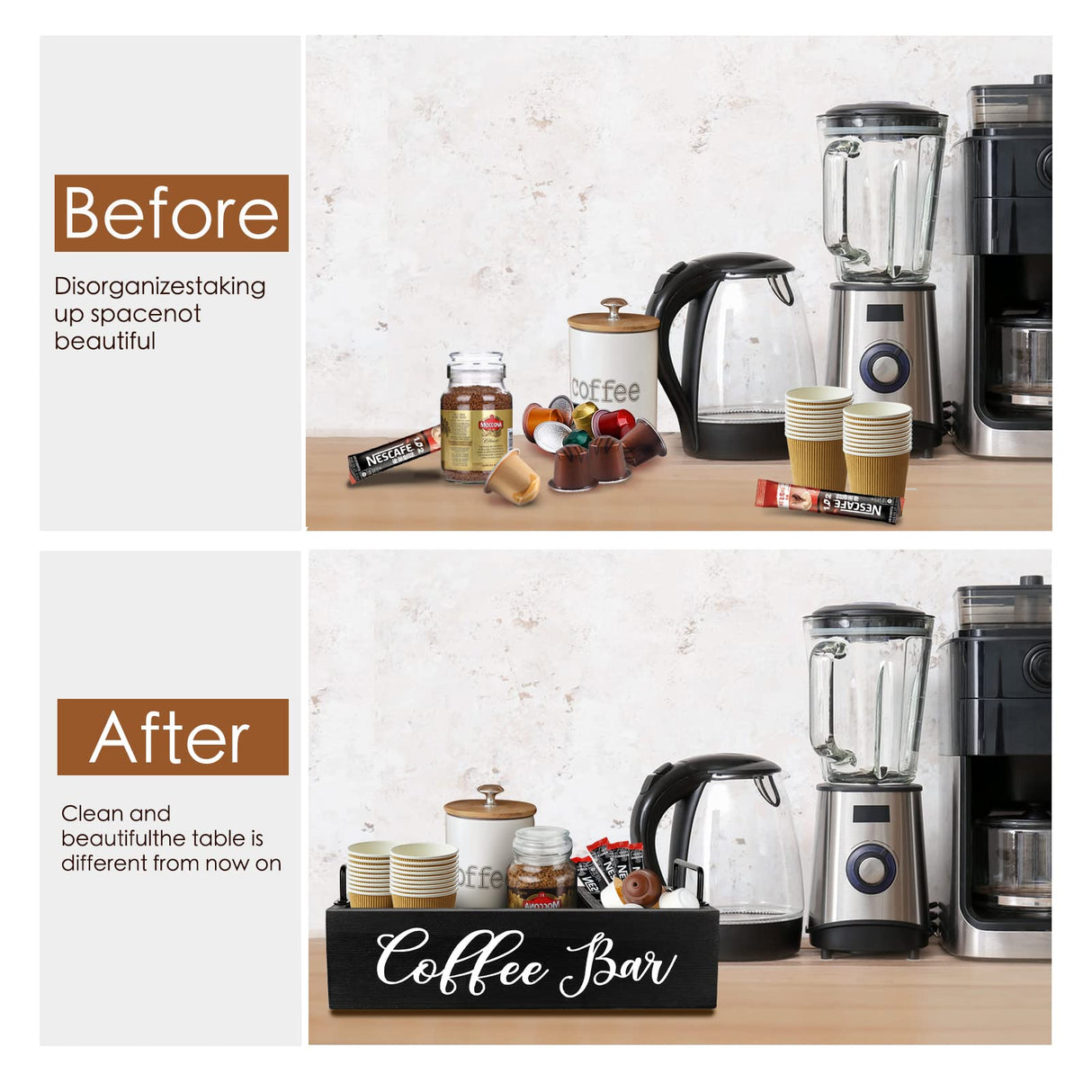 Coffee Station Organizer Wooden Coffee Bar Organizer for Countertop, Coffee Bar Accessories Organizer Farmhouse Kcup Coffee Pod Holder Storage Basket with Handle - Black MINCORD