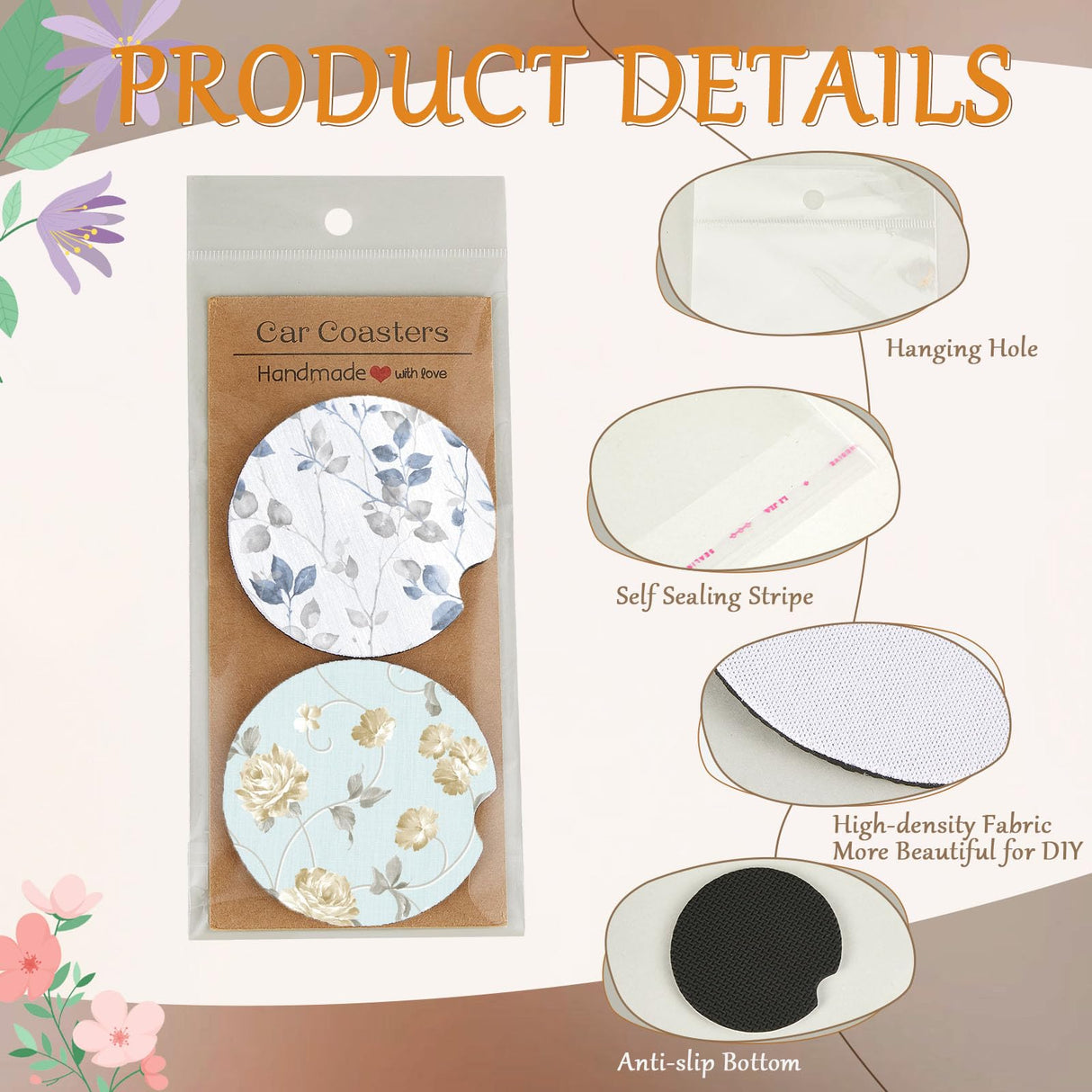 Tioncy 400 Pcs Sublimation Car Coaster Blank Set, 200 Pcs 2.76'' Blank Sublimation Coaster 100 Self Adhesive Bag 100 Sublimation Car Coaster Display Card for Thermal Sublimation DIY Craft (Brown) Tioncy