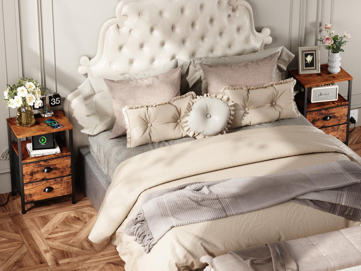 Furologee Nightstands Set of 2 Charging Station, End Tables with LED Lights, Nightstands with 2 Fabric Drawers and Shelves, Bedside Tables for Living Room/Bedroom,Rustic Brown Furologee