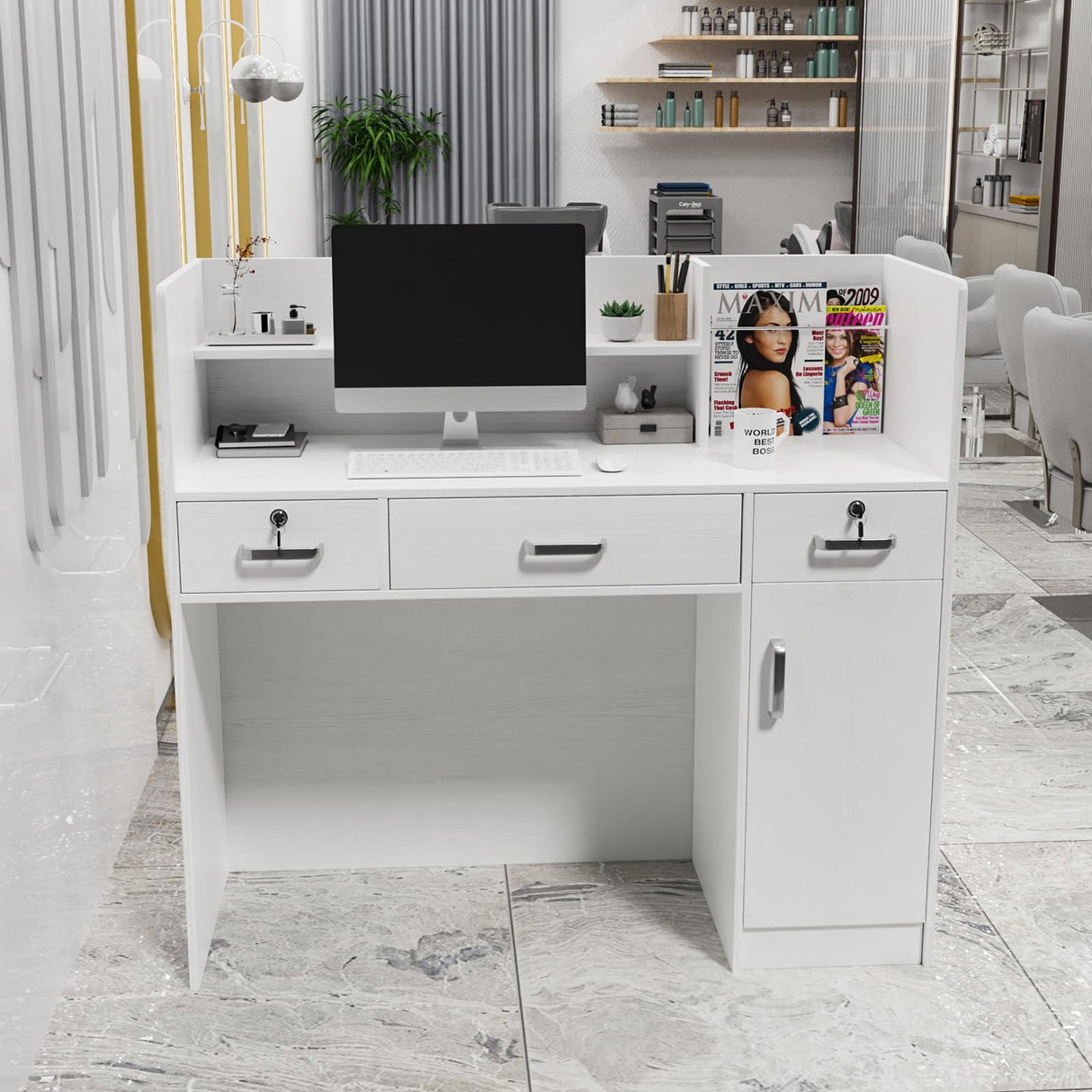 LEADZM H-Shaped Reception Desk with Counter, Front Desk with Lockable Drawers & Adjustable Shelf, Retail Checkout Counter for Beauty Salon Office (White) LEADZM