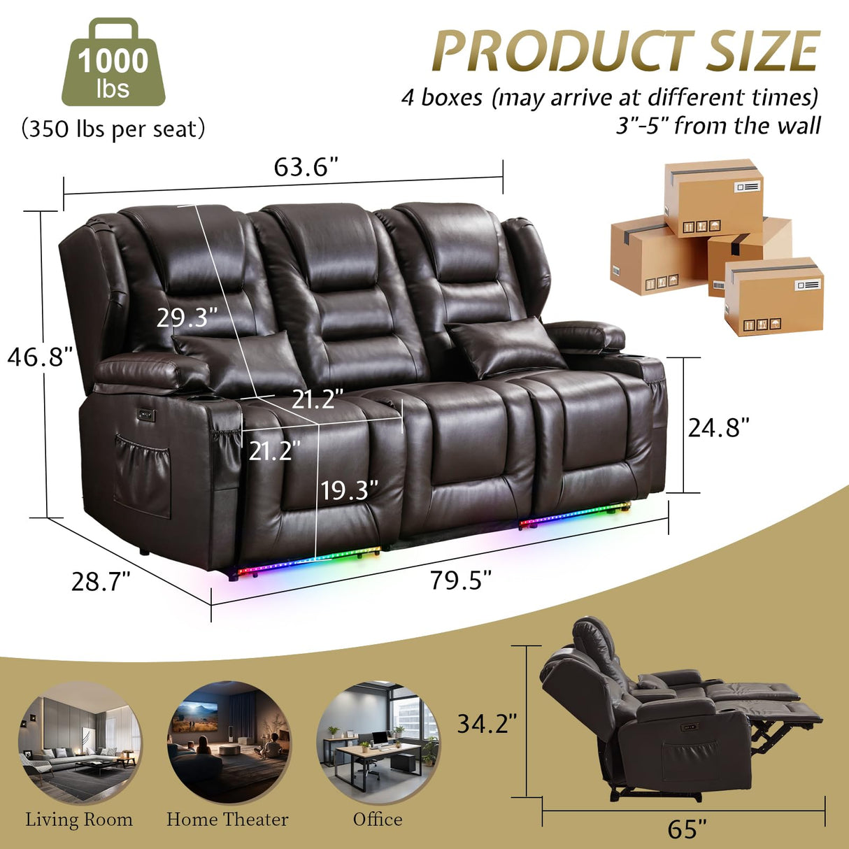 SAMERY Power Loveseat Recliner Sofa with Adjustable Split Back, Multi-Port Charger, Flip-Up Backrest & LED Lighting - Home Theater Seating with Storage, Cup Holders, Brown Faux Leather Loveseat SAMERY