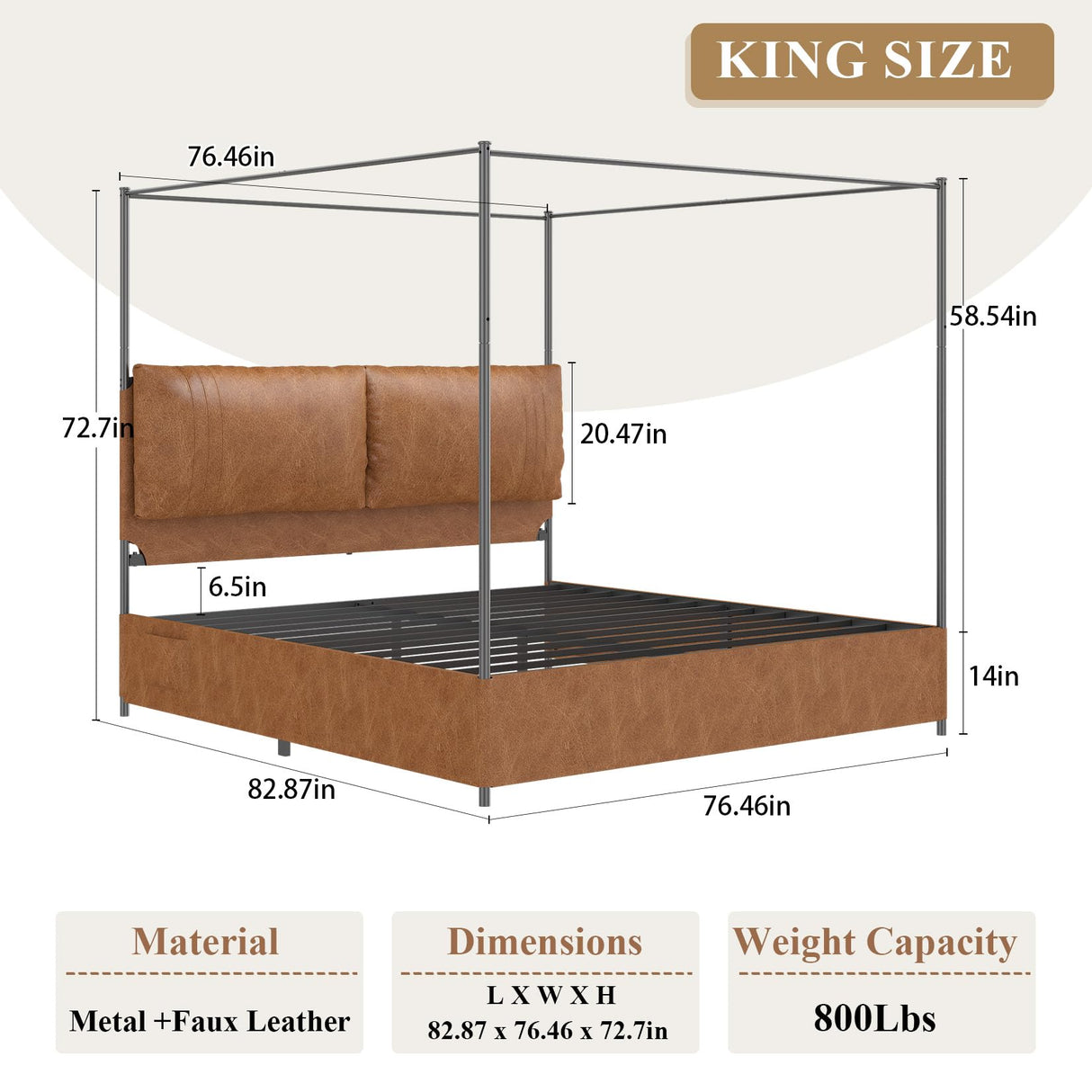 QNICE Canopy Bed Frame King Size with Upholstered Headboard, Tall Four Poster Metal Platform Bed, Easy to Assemble, No Box Spring Needed, Brown QNICE