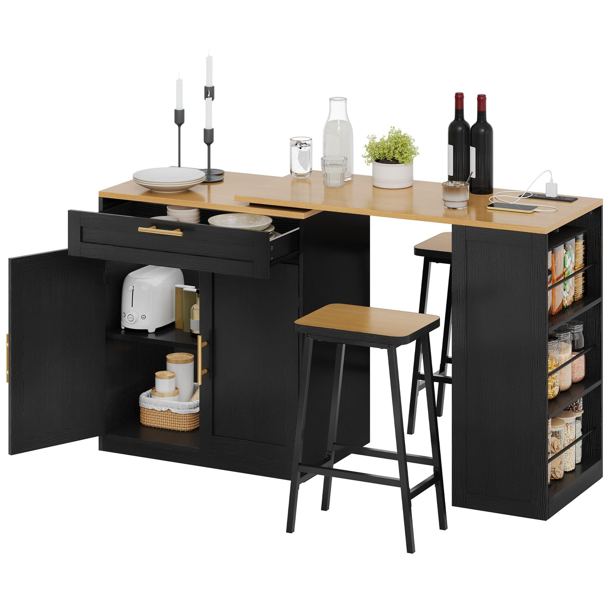 YITAHOME 67 inch Kitchen Island with Seating & Extendable Dining Table, Mobile Storage Islands with 2 Chairs, Rolling Expandable Island with Power Outlet, 3-Tier Spice Rack, L-Shaped Cart (Black) YITAHOME