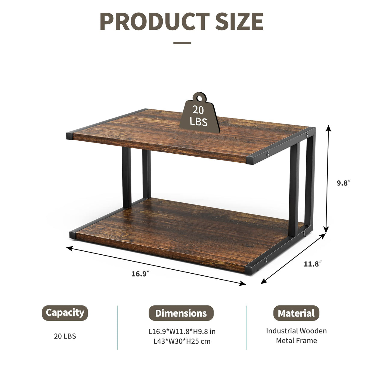 XBurmo Printer Stand with 2 Tier Wood Shelves Desktop Organizer for Small Space Fax Machine Shelf Stand Books Trays Under Desk Shelf with Adjustable Anti-Skid Feet Vintage Brown XBurmo