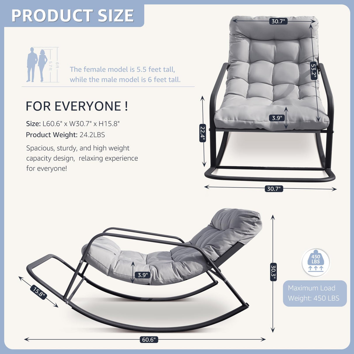 BULEXYARD Grey Oversized Indoor Outdoor Lounge Royal Rocking Chair with Armrest Footrest for Napping Relaxing, Heavy Duty Patio Reclining Papasan Rocker Chair with Padded Cushion for Porch, Sunroom BULEXYARD